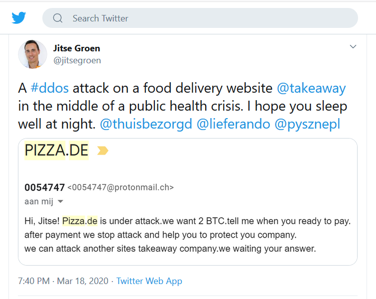 Tweet about DDoS attack on Takeaway food delivery