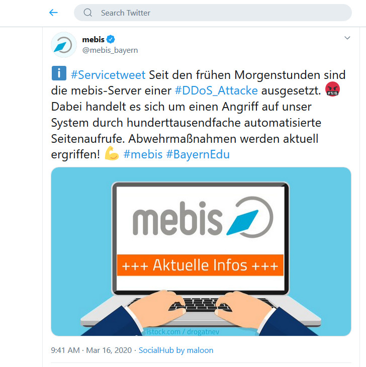Tweet about DDoS attack on Mebis