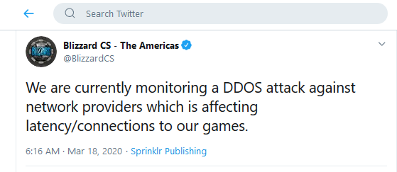 Tweet about DDoS attack on Blizzard gaming platform